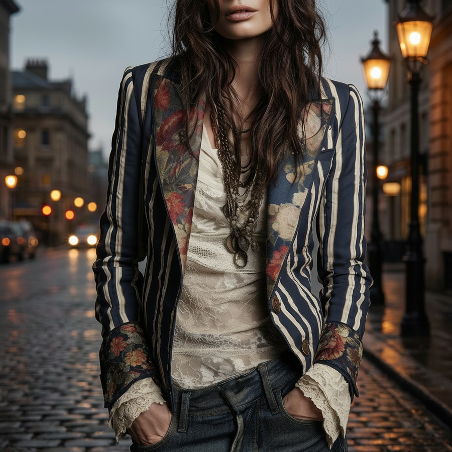 Bohemian Artisan Mixed-Print Striped Blazer