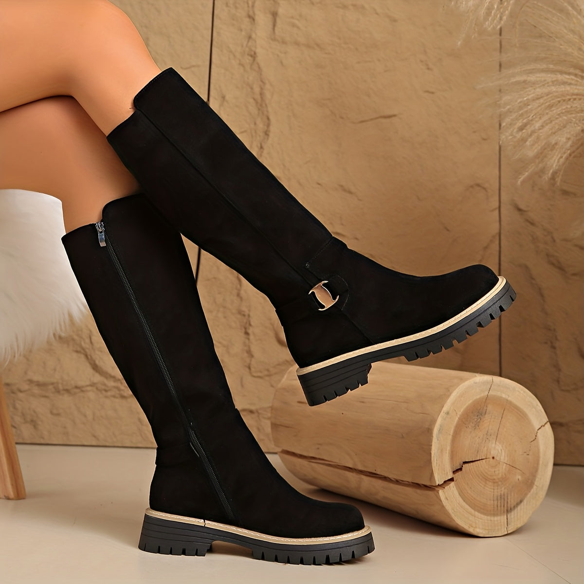 Adelle Lug Sole Knee High Boots – Napped Shaft Low Block Heel With Stitched Welt Trim And Ankle Buckle
