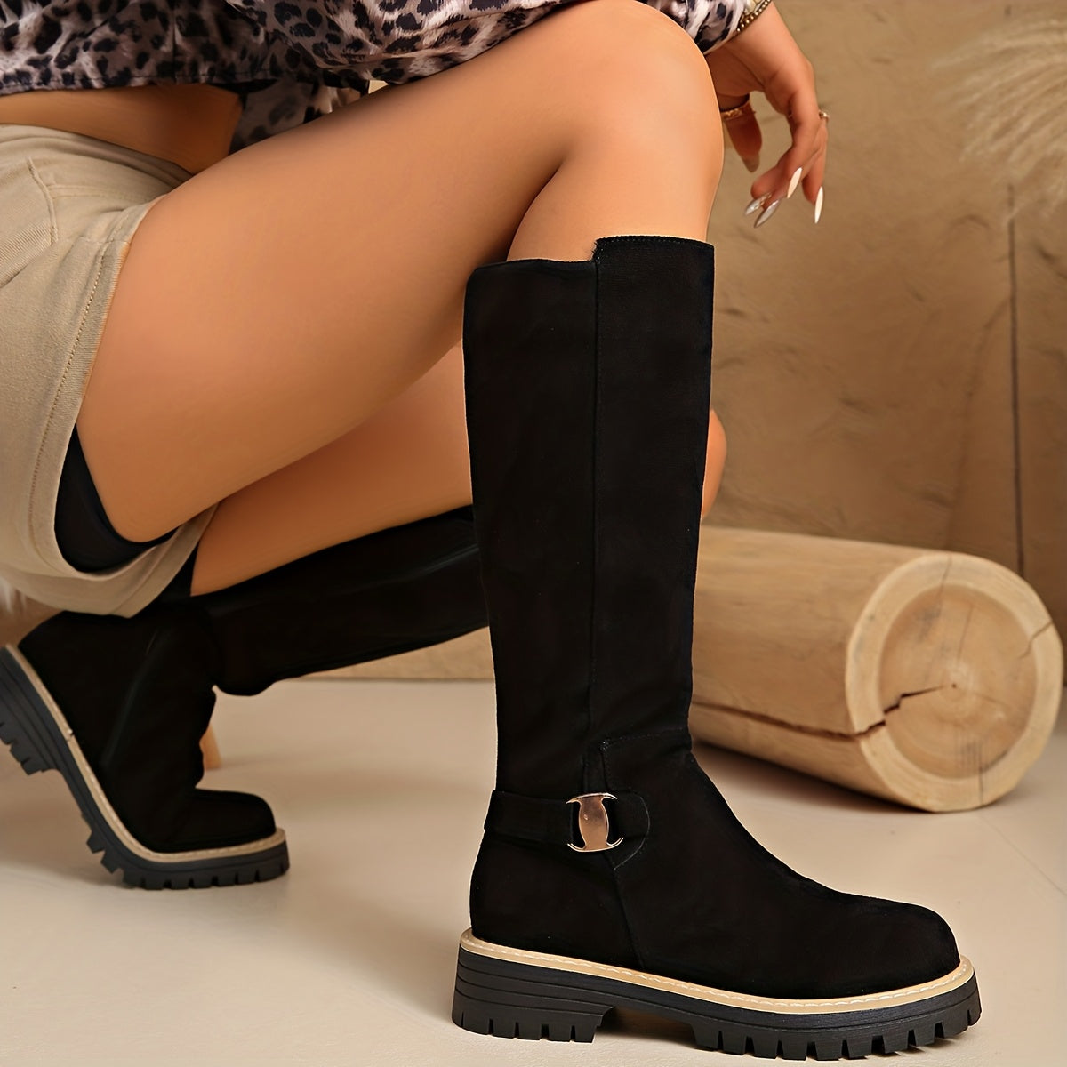 Adelle Lug Sole Knee High Boots – Napped Shaft Low Block Heel With Stitched Welt Trim And Ankle Buckle