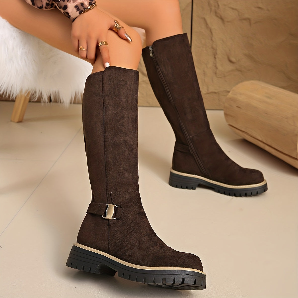 Adelle Lug Sole Knee High Boots – Napped Shaft Low Block Heel With Stitched Welt Trim And Ankle Buckle