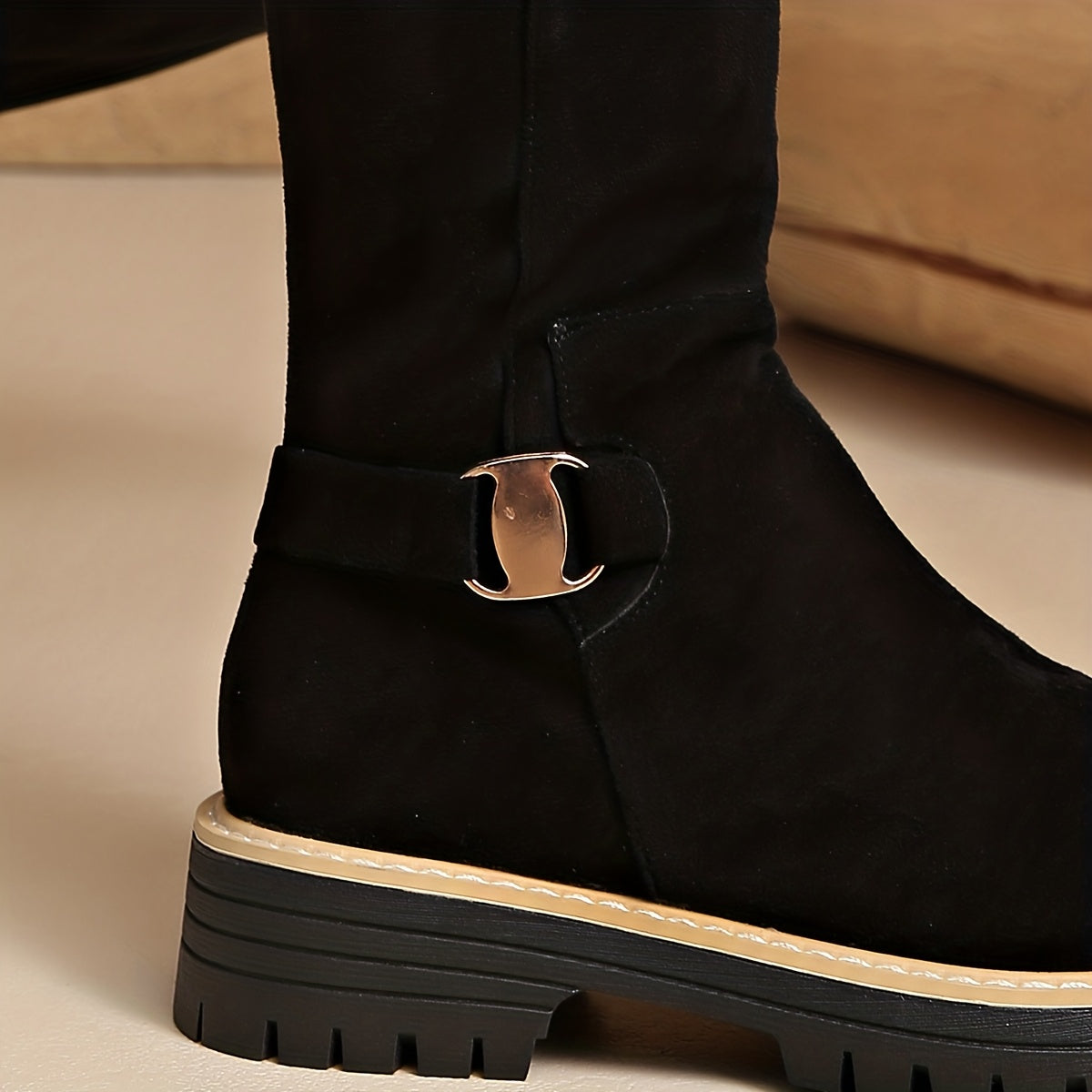 Adelle Lug Sole Knee High Boots – Napped Shaft Low Block Heel With Stitched Welt Trim And Ankle Buckle