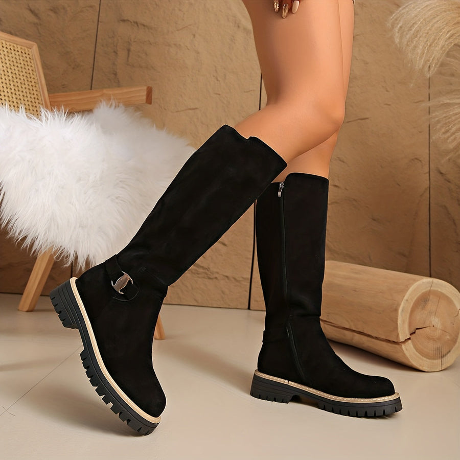 Adelle Lug Sole Knee High Boots – Napped Shaft Low Block Heel With Stitched Welt Trim And Ankle Buckle