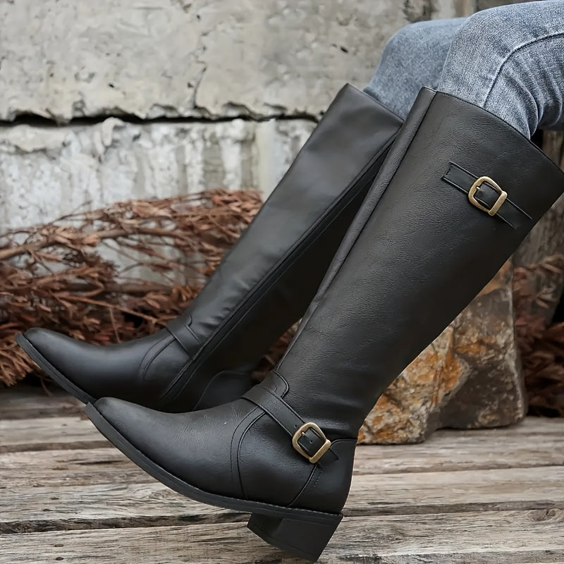 Marlowe Buckle Strap Knee High Boots – Structured Shaft Soft Point Toe Stacked Block Heel With Inside Zip