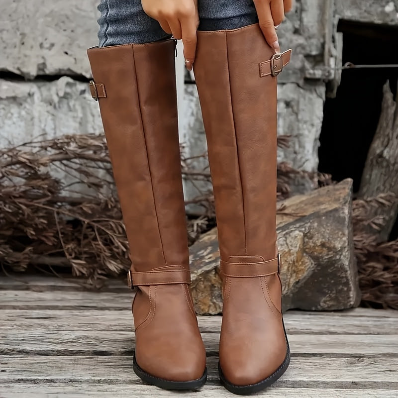 Marlowe Buckle Strap Knee High Boots – Structured Shaft Soft Point Toe Stacked Block Heel With Inside Zip