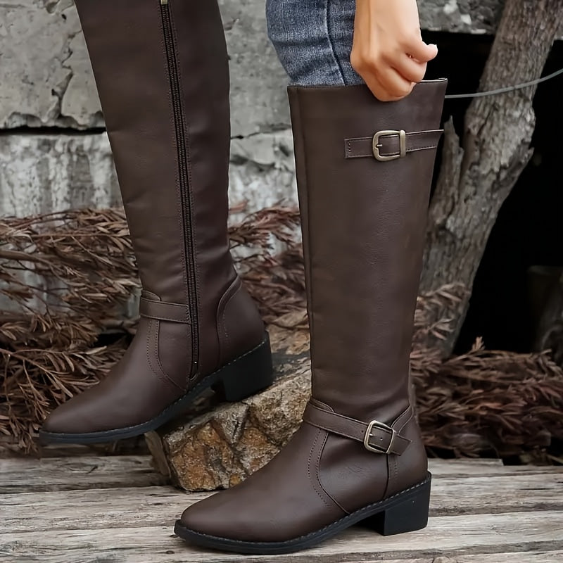 Marlowe Buckle Strap Knee High Boots – Structured Shaft Soft Point Toe Stacked Block Heel With Inside Zip