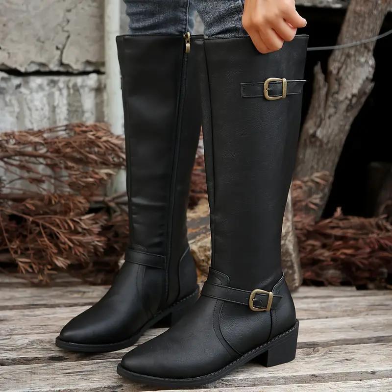Marlowe Buckle Strap Knee High Boots – Structured Shaft Soft Point Toe Stacked Block Heel With Inside Zip