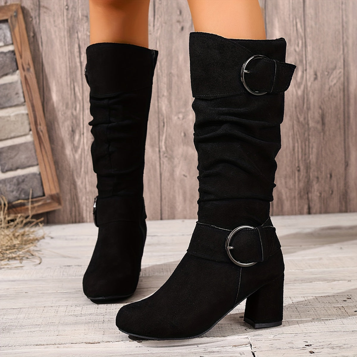 Sylvie Slouch Knee High Boots – Ruched Shaft Fold Over Cuff Tall Block Heel With Twin Ring Buckles
