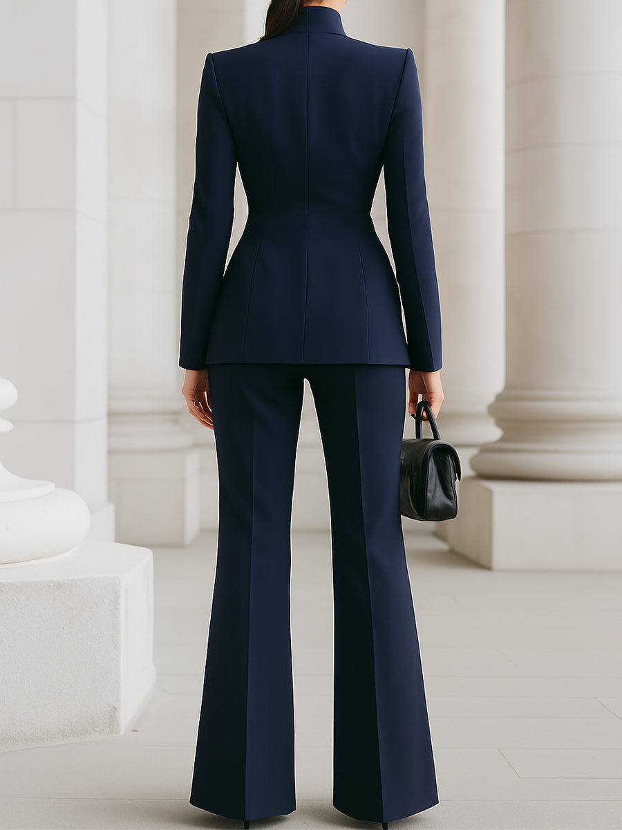 High-collar blazer and wide-leg trouser suit set for women | Navarre