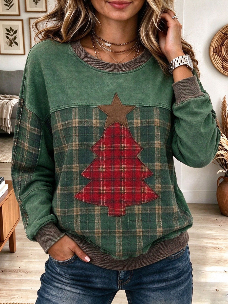 Women's Green Plaid Christmas Tree Patchwork Sweatshirt with Raw Edges