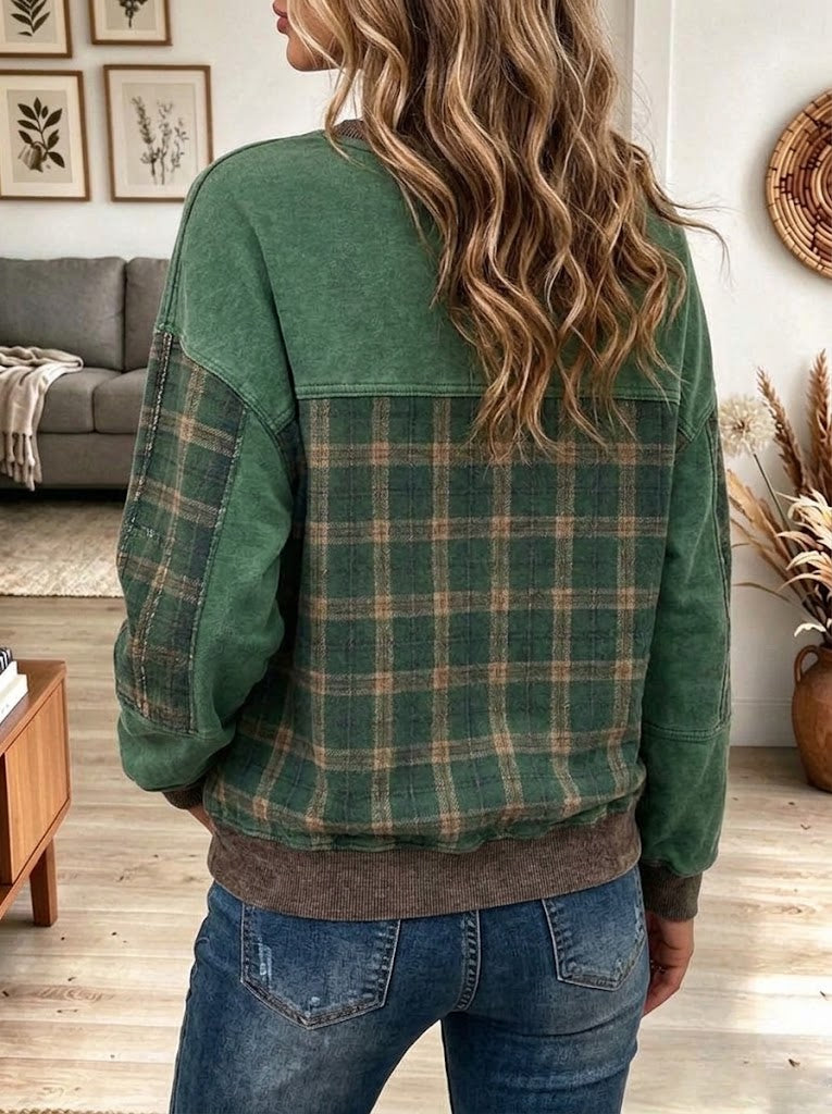 Women's Green Plaid Christmas Tree Patchwork Sweatshirt with Raw Edges