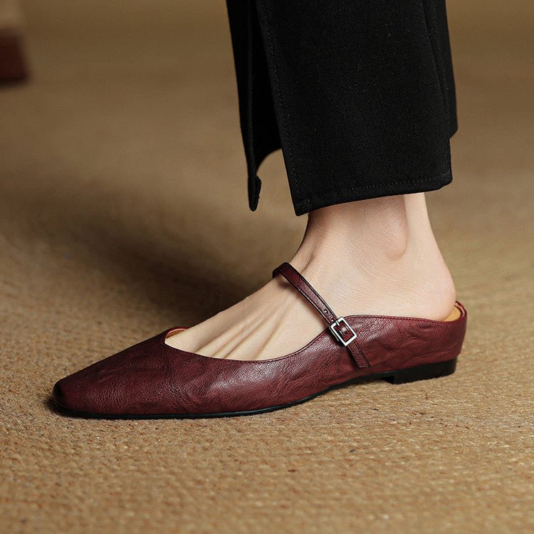 Layla | Women's Pointed-Toe Mary Jane Buckle-Strap Leather Mule Flats