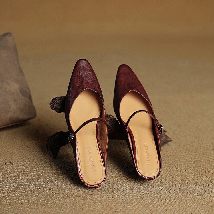 Layla | Women's Pointed-Toe Mary Jane Buckle-Strap Leather Mule Flats