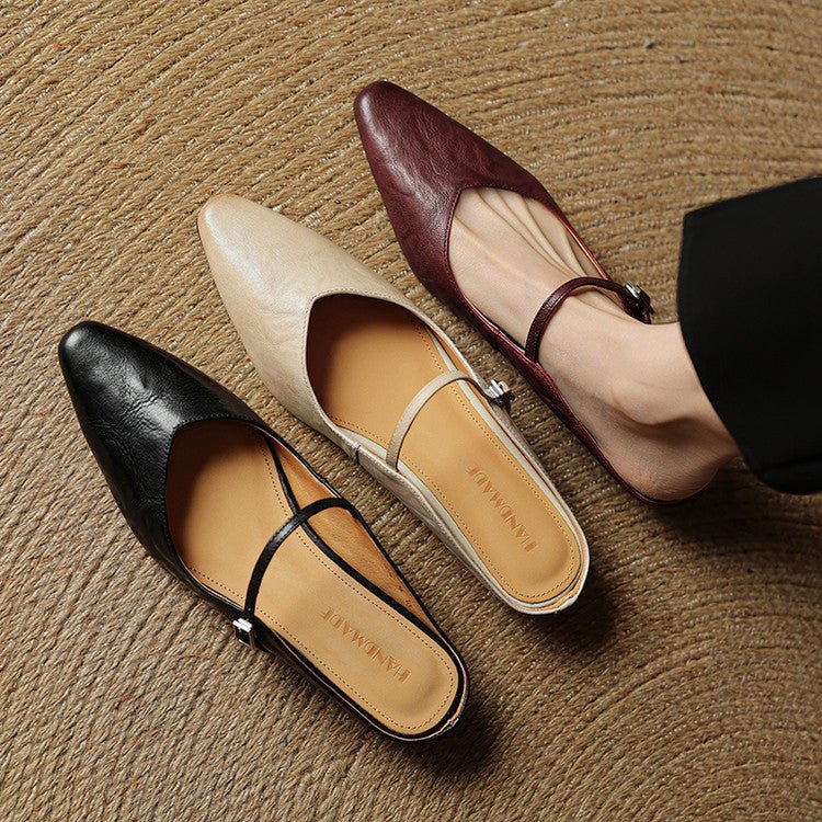 Layla | Women's Pointed-Toe Mary Jane Buckle-Strap Leather Mule Flats