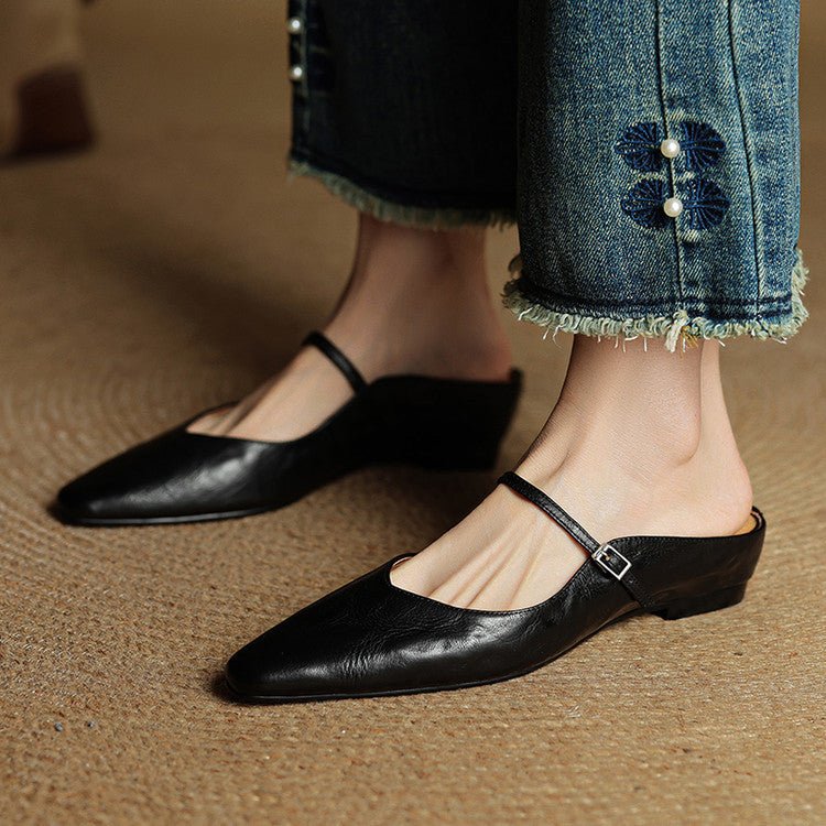 Layla | Women's Pointed-Toe Mary Jane Buckle-Strap Leather Mule Flats