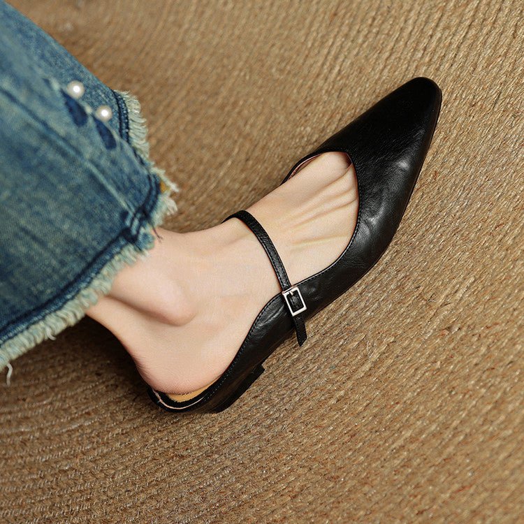 Layla | Women's Pointed-Toe Mary Jane Buckle-Strap Leather Mule Flats