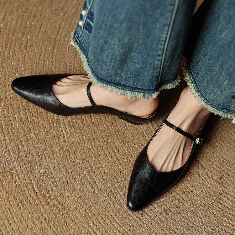 Layla | Women's Pointed-Toe Mary Jane Buckle-Strap Leather Mule Flats
