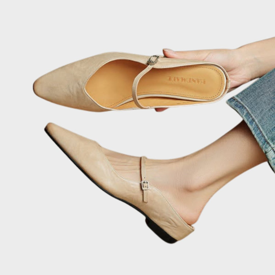 Layla | Women's Pointed-Toe Mary Jane Buckle-Strap Leather Mule Flats