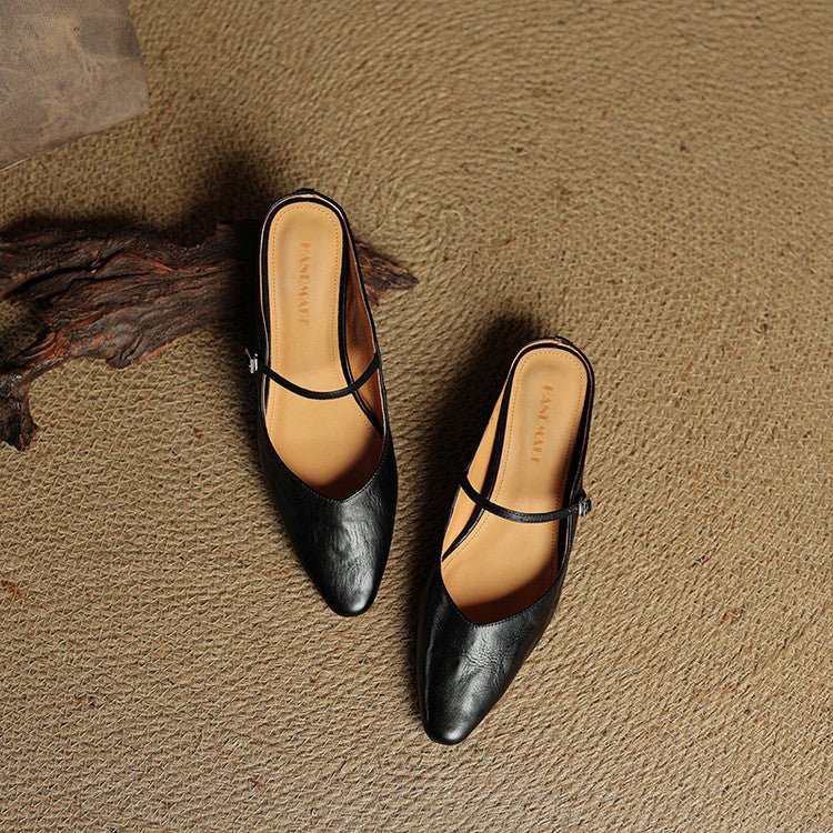 Layla | Women's Pointed-Toe Mary Jane Buckle-Strap Leather Mule Flats