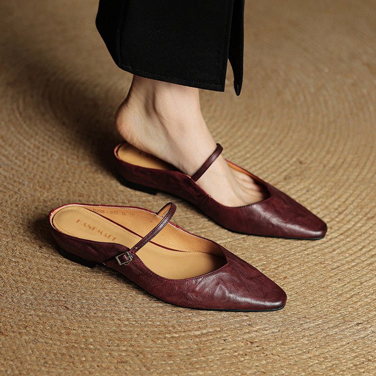 Layla | Women's Pointed-Toe Mary Jane Buckle-Strap Leather Mule Flats