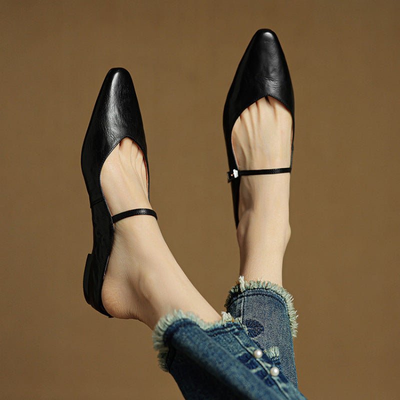 Layla | Women's Pointed-Toe Mary Jane Buckle-Strap Leather Mule Flats