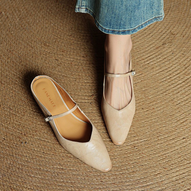 Layla | Women's Pointed-Toe Mary Jane Buckle-Strap Leather Mule Flats