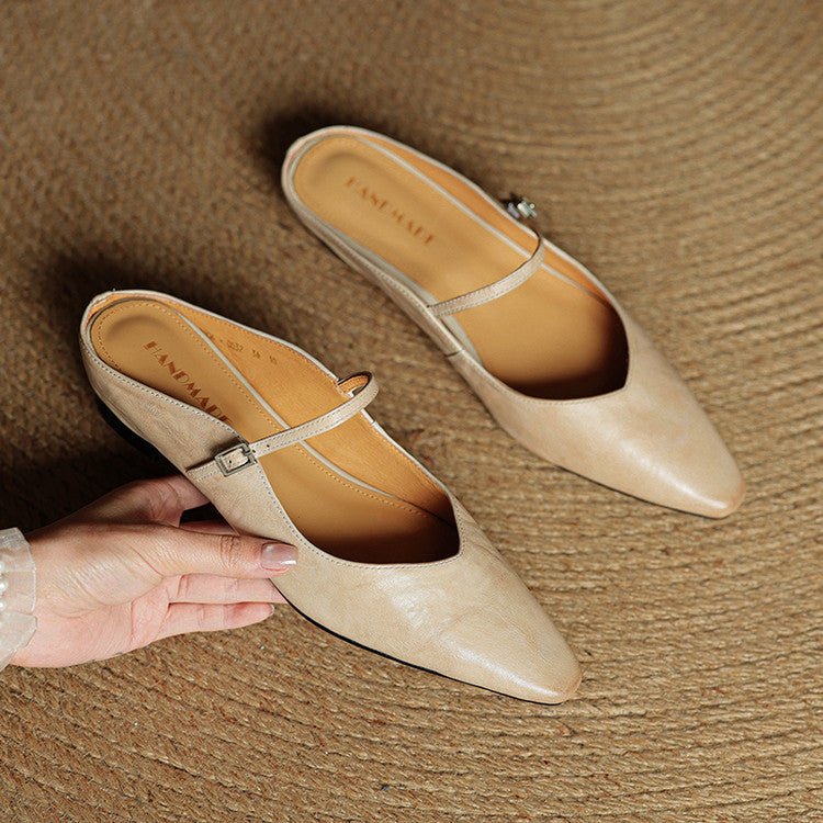 Layla | Women's Pointed-Toe Mary Jane Buckle-Strap Leather Mule Flats