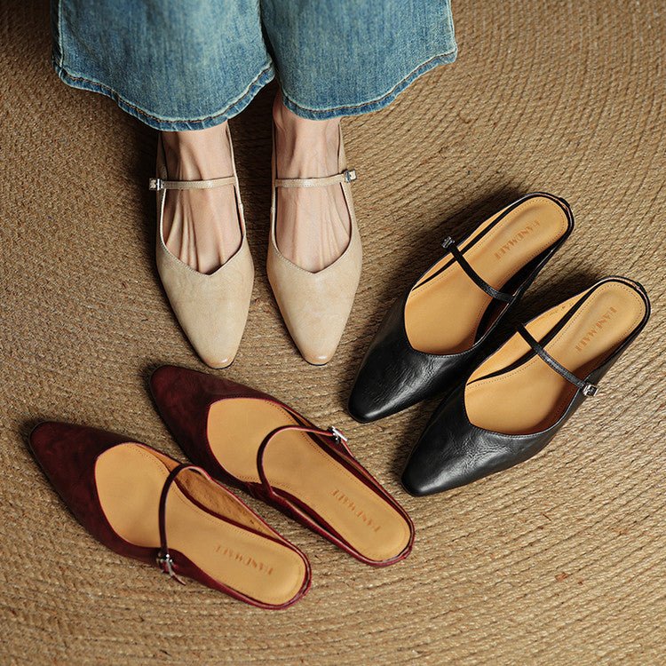 Layla | Women's Pointed-Toe Mary Jane Buckle-Strap Leather Mule Flats
