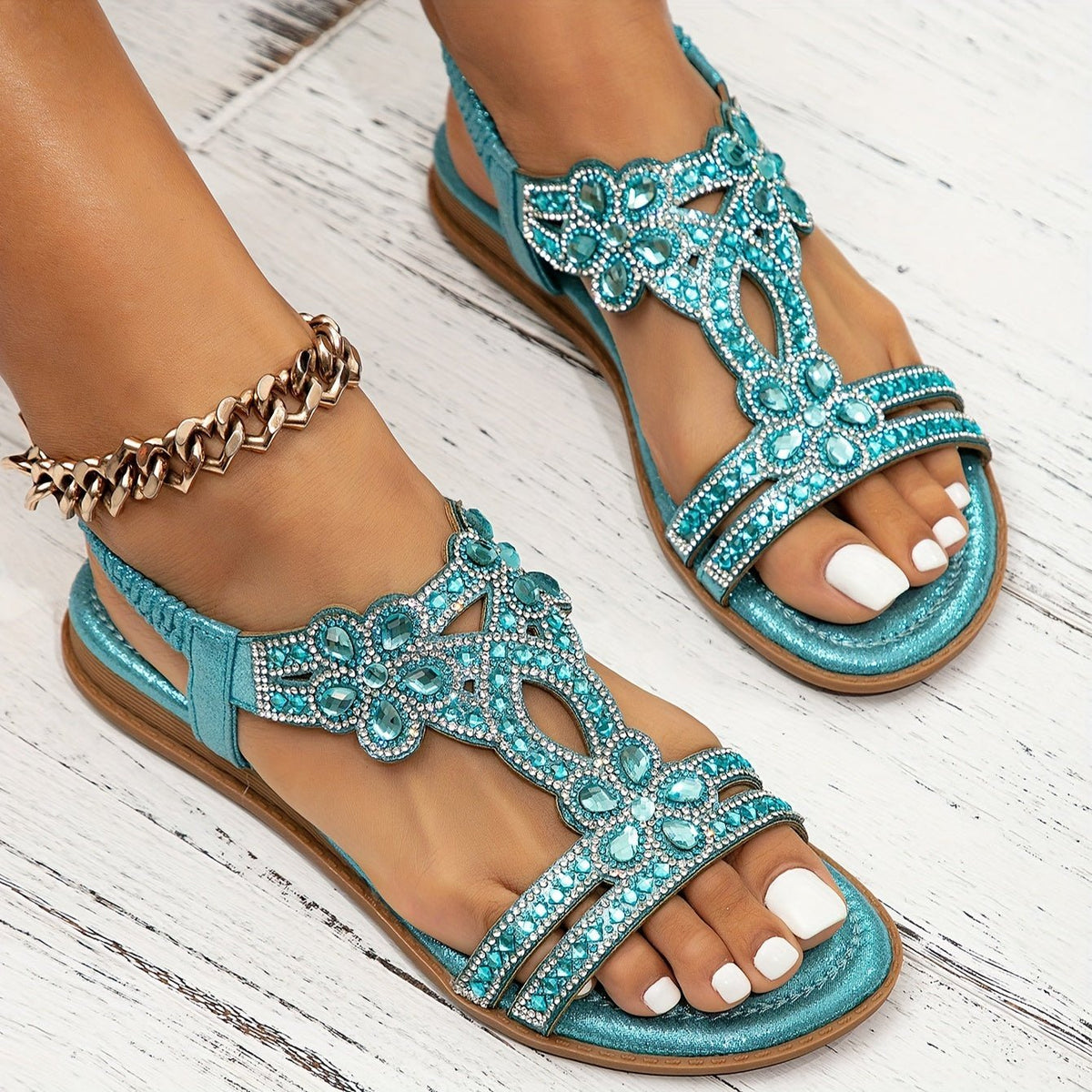 Victoria | Women's Rhinestone Embellished Boho Orthopedic Flat Sandals