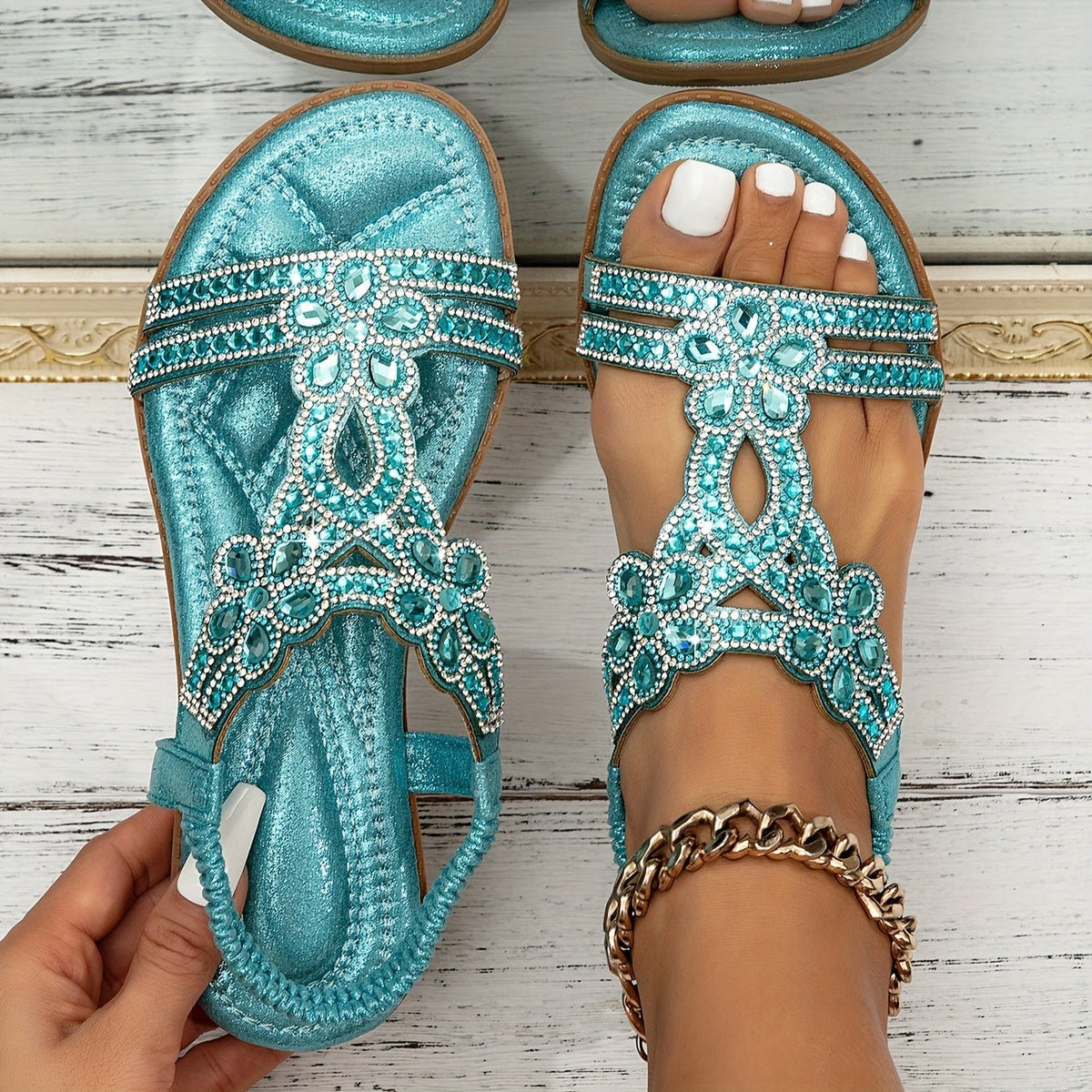 Victoria | Women's Rhinestone Embellished Boho Orthopedic Flat Sandals