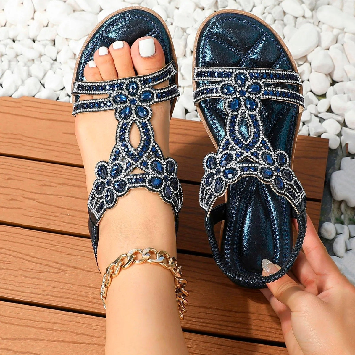 Victoria | Women's Rhinestone Embellished Boho Orthopedic Flat Sandals